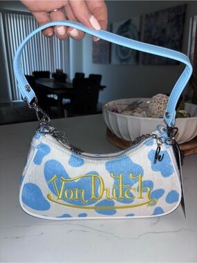 Von Dutch Blue and White Mini Shoulder Bag with Yellow Logo